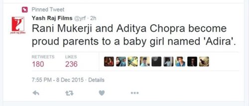 Bollywood's Rani Mukerji gives birth to baby girl 'Adira'